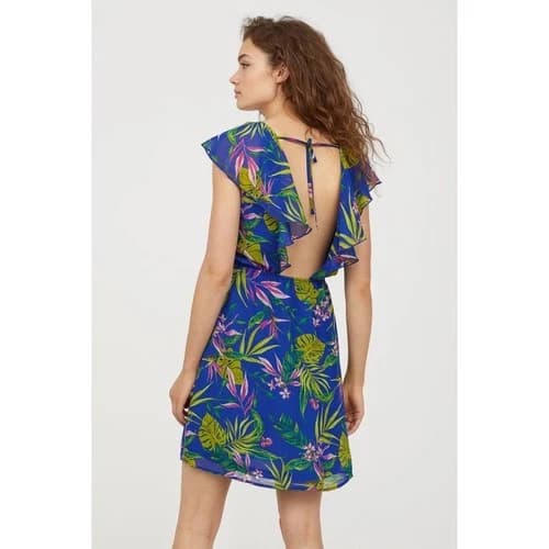 H&M Blue Floral Dress V Neck Ruffle Sleeveless Summer Casual