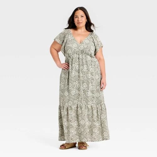 Women's Flutter Short Sleeve Floral Maxi A-Line Dress - Universal Thread Olive