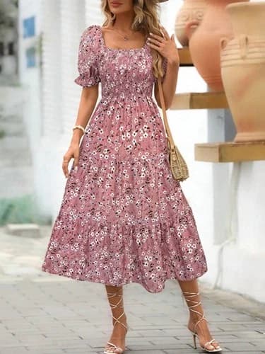 Trendsi Floral Square Neck Short Sleeve Tiered Dress Size L