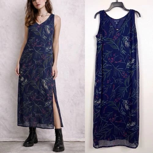 Vintage NWT Sacred Threads Navy Blue Maxi Dress Large Sleeveless Whimsigoth Y2K