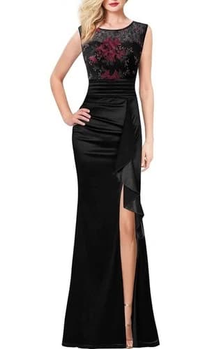 Vfshow Evening Long Dress Size XL Bodycon Black Red Lace Stretch Ruched Zipper