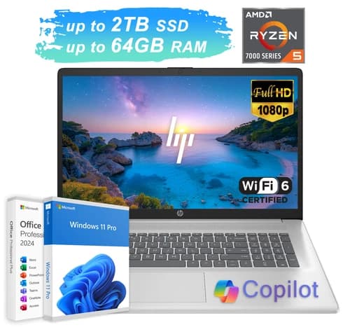 2026 HP Laptop Computer 17.3 FHD 6-Core Ryzen 5 Up to 64GB RAM & 2TB SSD Win Pro