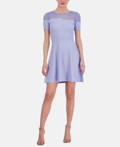 Vince Camuto Women's Jewel-Neck Ribbed Fit & Flare Dress - Blue - L