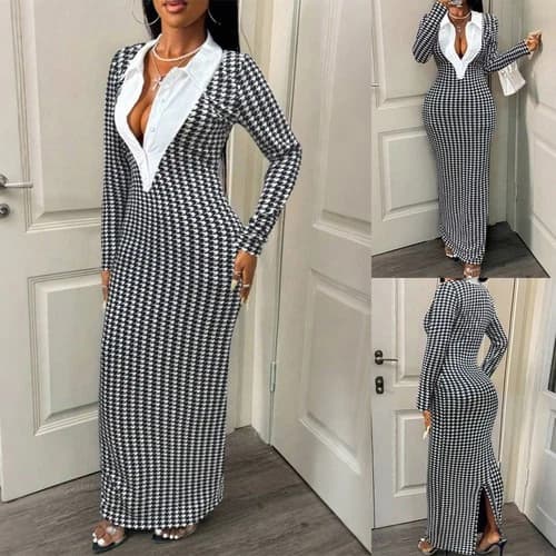 Womens Long Sleeve Check Bodycon Maxi Dress Ladies V Neck Plaid Long Dresses