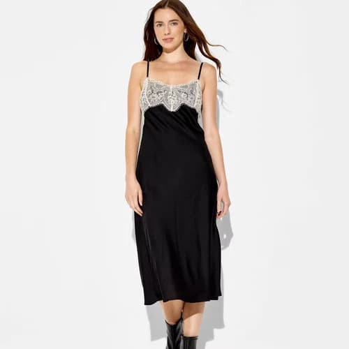 Women's Lace Trim Satin Midi A-Line Dress - Wild Fable