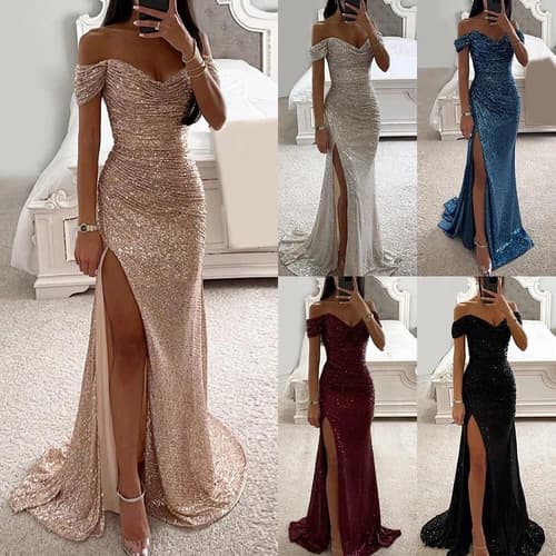 Women Ladies Prom Dress Off The Shoulder Formal Evening Sequin Maxi Dresses Gown