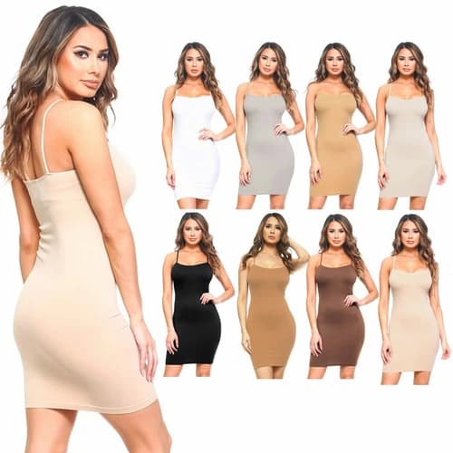 1 Women Seamless Cami Slip Dress Spaghetti Strap Bodycon Mini Sexy Neutral Color