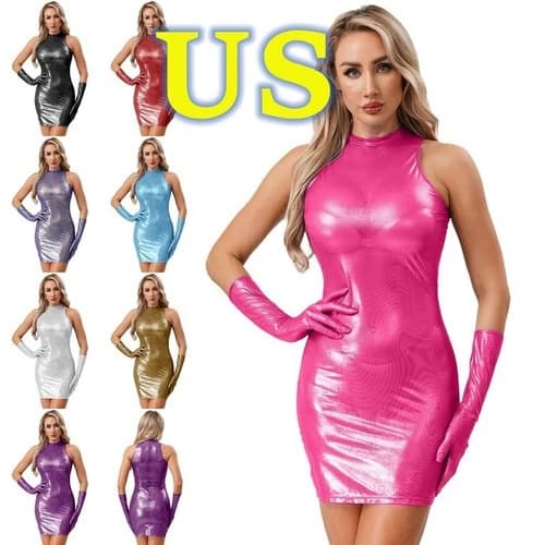 US Women's Shiny See Through Bodycon Sleeveless Mini Dress with Gloves Clubwear