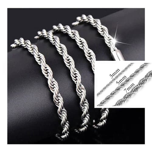 22" 3mm to 7mm Silver Stainless Steel Rope Link Chain Necklace Hip Hop Jewelry