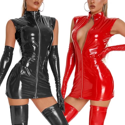 Women's Sleeveless PVC Leather Wetlook Bodycon Mini Dress Shiny Stockings Gloves