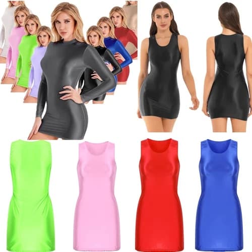 Sexy Women Oil Glossy Stretchy Mini Dress Tight Short Dresses Smooth Bodycon