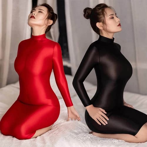 Women's See Through Shiny Glossy Bodycon Dress Long Sleeve Party Dress Clubwear