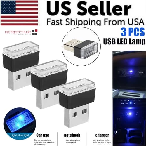 3x Mini Blue LED USB Car Interior Light Neon Atmosphere Ambient Lamp Accessories