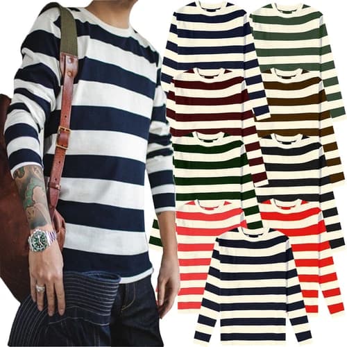 Mens Long Sleeve Stripe T-Shirt New Casual Classic Fit Crew Round Neck Tee Tops