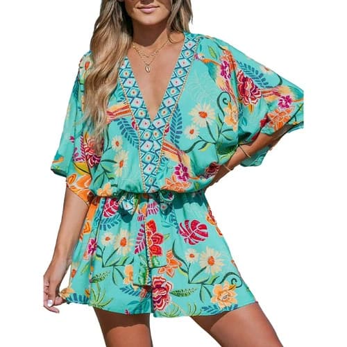 CUPSHE Mini Dress V Neck Floral Half Dolman Sleeve Belted Loose Fit Short Size M