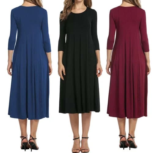 Womens Casual Long Sleeve Round Neck Dresses Plain Flowy Swing Midi Dress