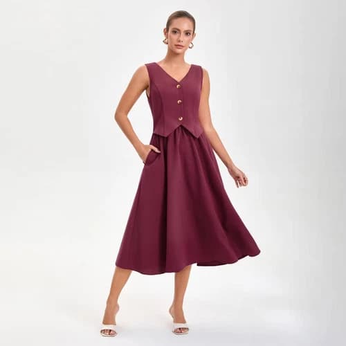 Women's Layered Waistcoat A-Line Dress - A New Day Wine Red S