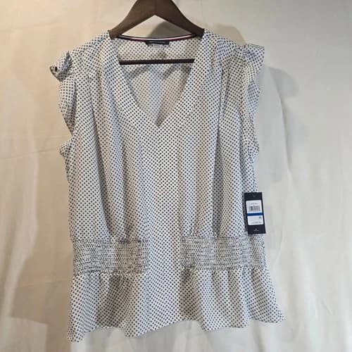 Tommy Hilfiger Womens Dot Print Smocked Waist Peplum Blouse Top XL