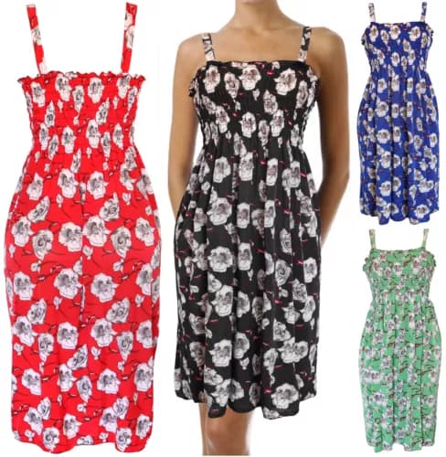 Summer Sundress for Women White Flowers Beach Cover Up Sleeveless Smocked Dress