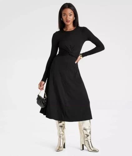 NWT~ A New Day sz XL Black long Sleeve Twist Front Midi Dress Super Soft 3098