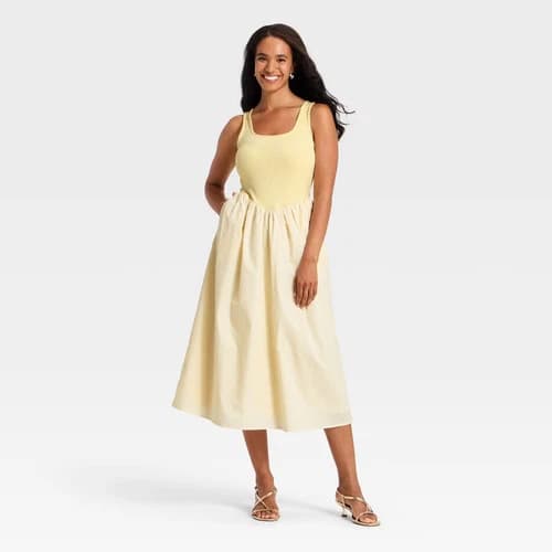 Women's Knit to Woven Midi Dress - A New Day Yellow L