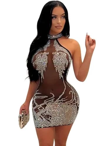Sexy Women Mesh See-through Rhinestone Bodycon Evening Party Mini Dress Clubwear