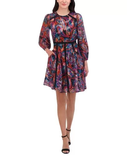 Vince Camuto Metallic Chiffon Fit & Flare Dress Women's 8 Multi Quarter Sleeve