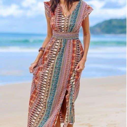 CUPSHE Maxi Dress V Neck Boho Flutter Sleeve Smocked Slit A Line - NWT - Sz L