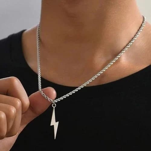 Silver Rope Chain Necklace with Lightning Bolt Pendant –Trendy Statement Jewelry