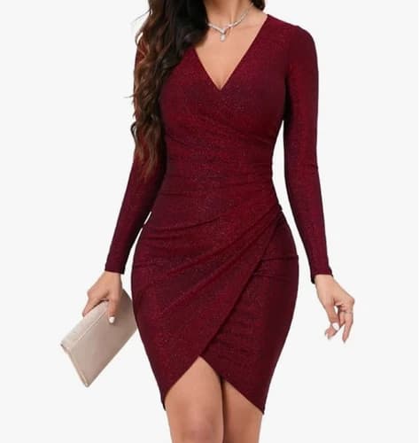 IHOT Women's S Glitter Party Dress Sexy V Neck Long Sleeve Faux Wrap Ruched Body