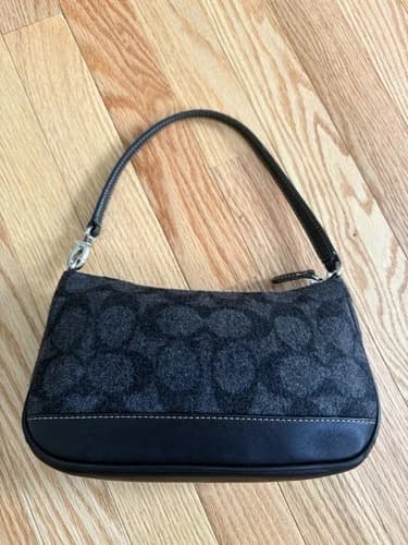 Vintage Coach Mini Wool Baguette/Handbag/Shoulder Bag Black #7720