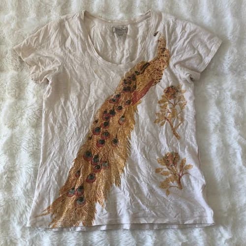 Lucky Brand Peacock Graphic Tee Womens Large White Studded Short Sleeve Cotton B