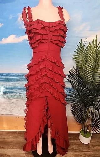 New Mia Belle Cascading Ruffle Long Wine Red Dress Size Small