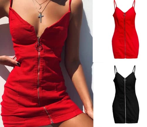 Summer Sundress Ladies V Neck Zipper Bodycon Mini Cami Dress Evening Party Skirt
