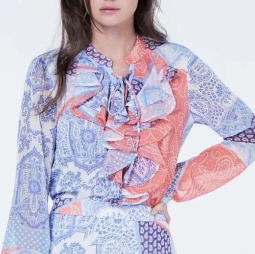 Tommy Hilfiger Blouse XL Blue Coral Paisley Ruffle Long Sleeve