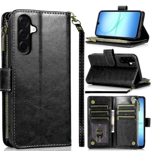 For Samsung A17 5G Case Luxury Phone Wallet with Zipper Wristlet +Tempered Glass
