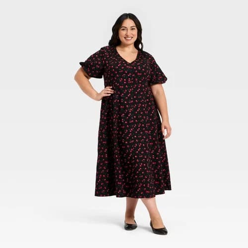 Women's Puff Short Sleeve Maxi Dress - Ava & Viv Black Cherries