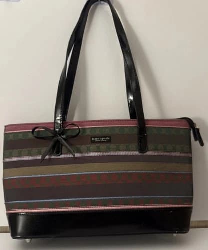 Kate Spade New York Striped Jacquard Leather Shoulder Bag Black Multicolor Bow