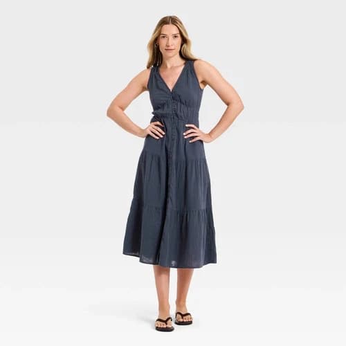 Women's Button-Down Tiered Midi A-Line Dress - Universal Thread Navy Blue M
