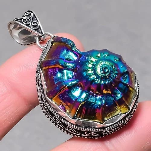 Ammolite Fossil Gemstone Handmade Fashion Jewelry Vintage Pendant 2.3" SR 3010