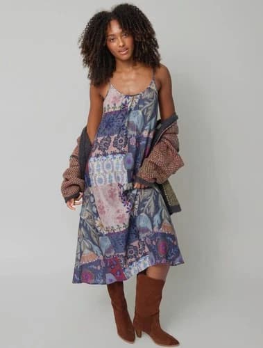 NWT Natural Life Lizzie Midi Dress Blue Patchwork Boho Rayon Slip On XS & S