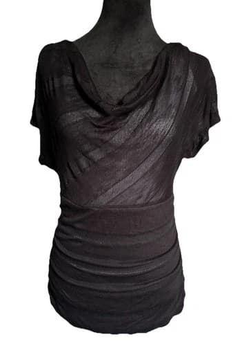 IZ Byer Black Mesh Lace Back Semi Sheer Ruched Short Sleeve Women Chic Blouse LG