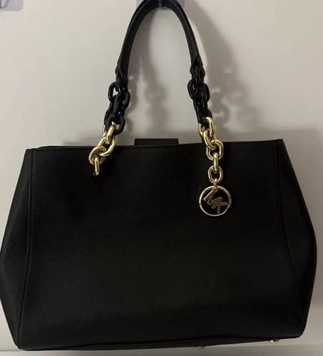 Michael Kors Black Saffiano Leather Tote Shoulder Bag Gold Chain MK Charm