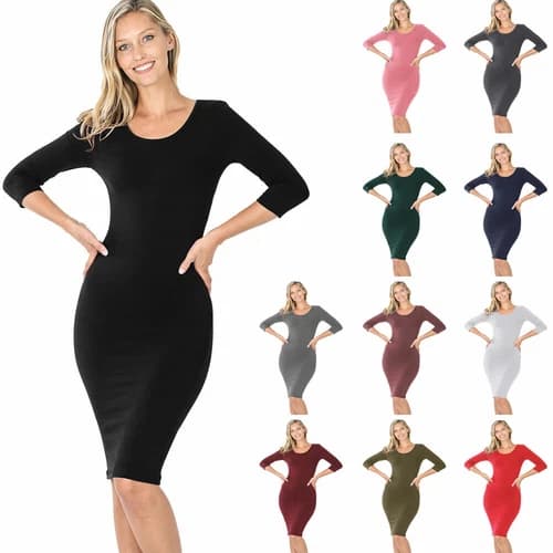 Women's Cotton 3/4 Sleeve Bodycon Fitted Knee Length Midi Dress