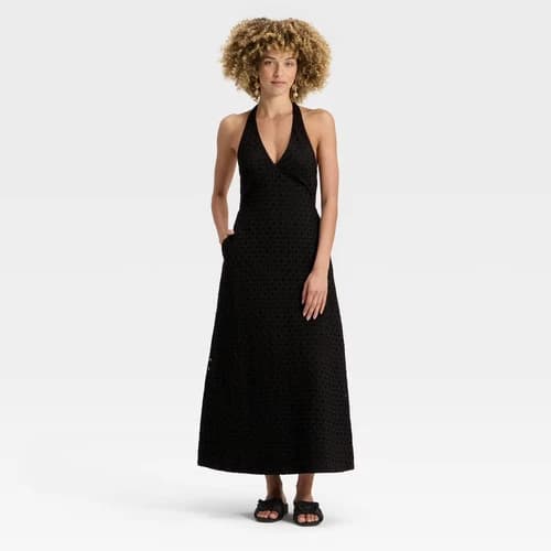 Women's Eyelet Maxi A-Line Dress - A New Day Black XS