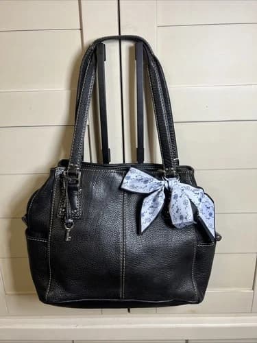 FOSSIL Classic Black White Stitched Leather Shoulder Bag Handbag Purse