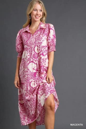 Umgee Magenta Vintage Garden Shirt Dress Tiered Midi Length w/ Puff Sleeves