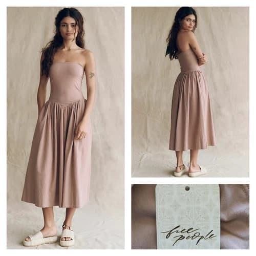 Free People Free-est Onda Drop-Waist Tube Midi Dress Dusted Cocoa Large NWT
