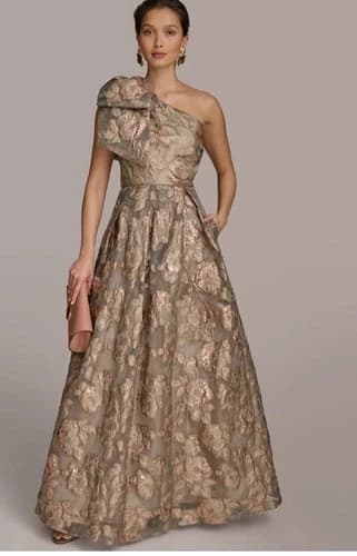 Donna Karan Metallic Jacquard Bow Floral Ball Gown,sz14,new,snow Petal Multi