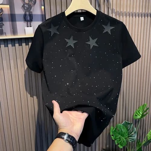 New Men Luxury Diamond Stars Rhinestones Fashion Black T-Shirt High Quality